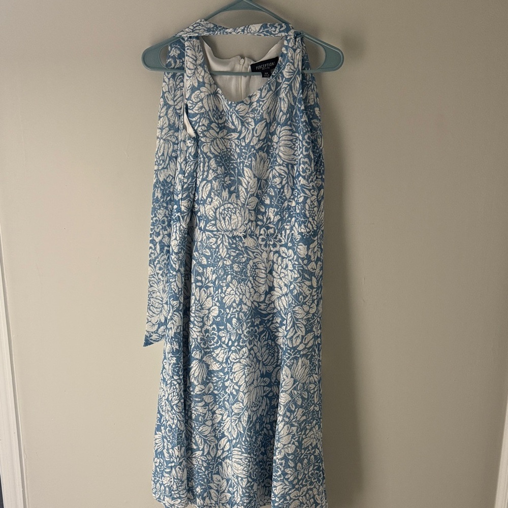 Maggy London One Shoulder Blue and White Dress